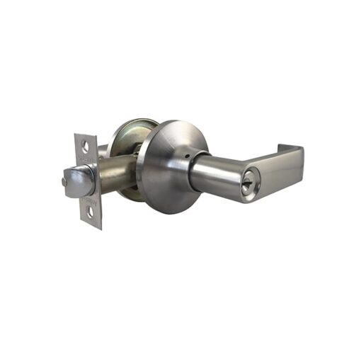 Cerradura con manija tubular, uso dormitorio u oficina, cilindro exterior y seguro interior, backset de 60 mm a 70 mm