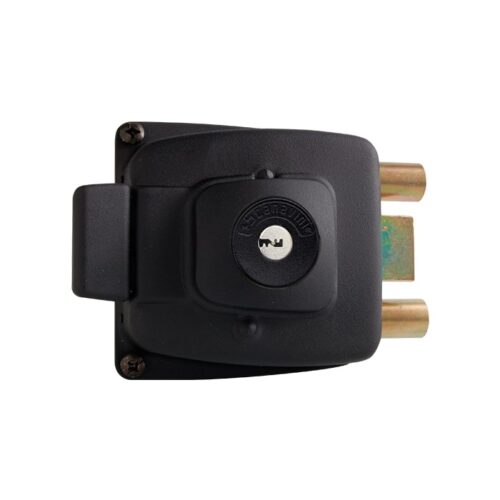 Cerradura de sobreponer para acceso-principal, con picaporte reversible y cilindro en ambos lados.