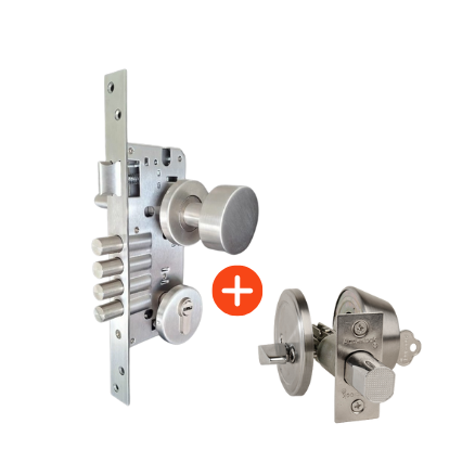 4 Combo Cerradura Principal + Cerrojo AX74 Cilindro exterior, Seguro interior.